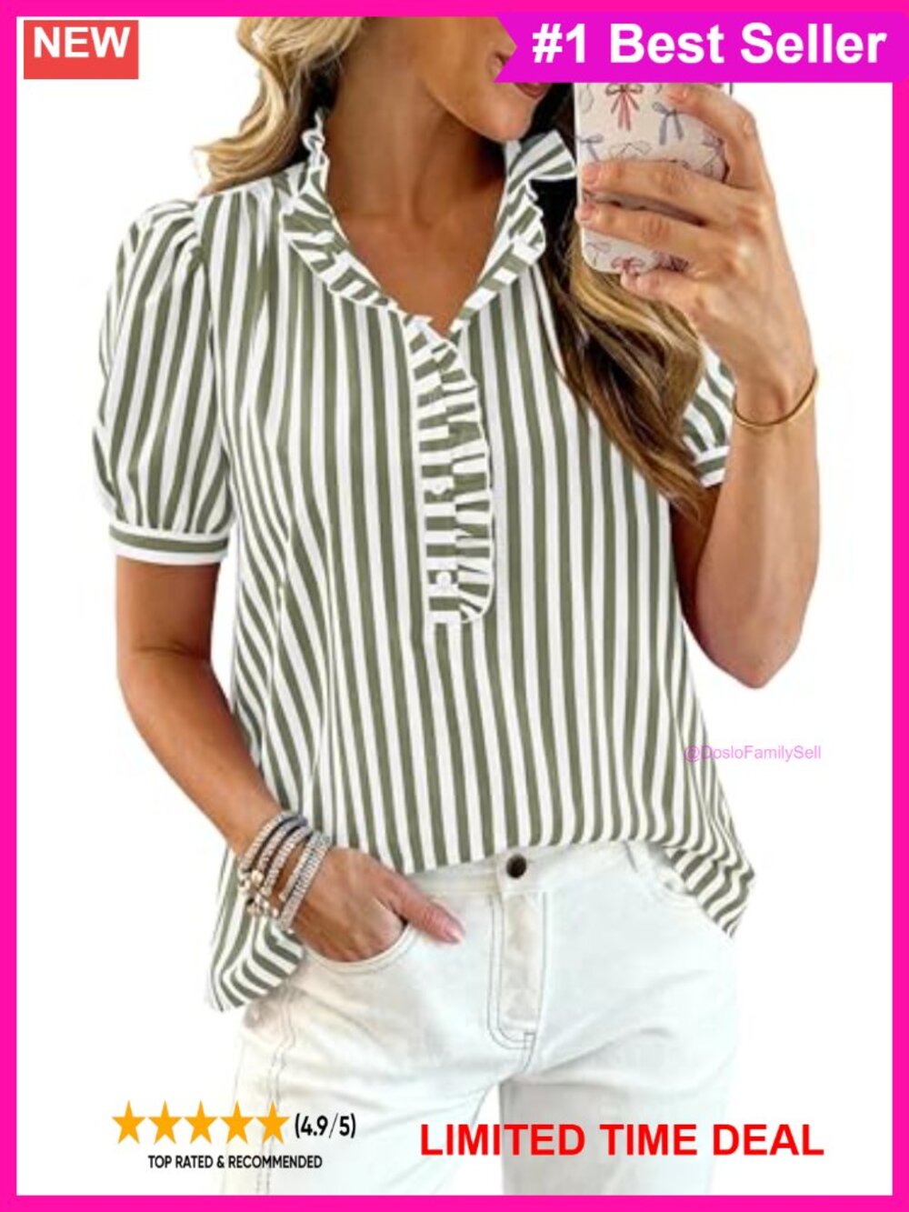 Women Puff Sleeve Striped Boho Button Down Blouse Cotton